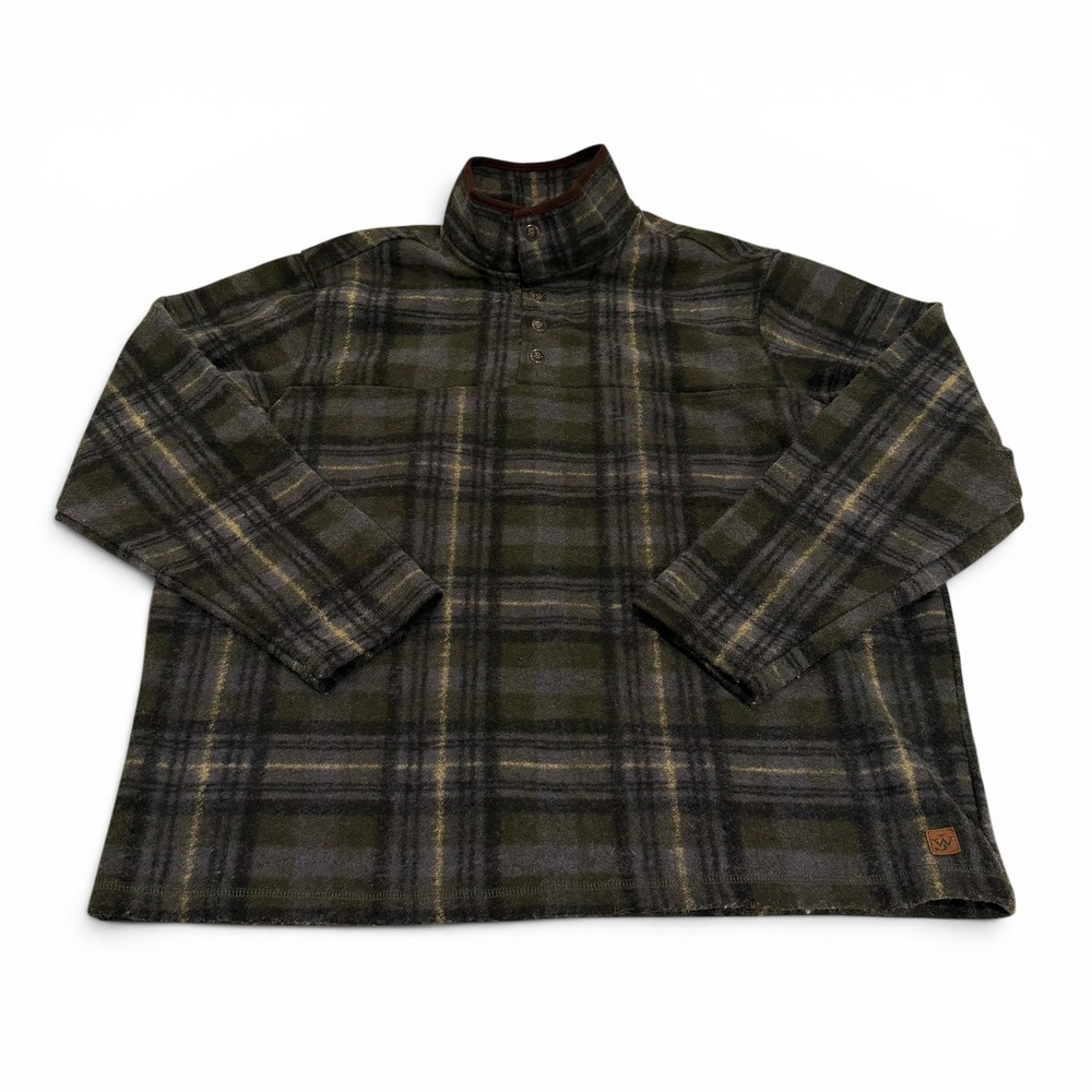 John Wayne Mens XL Fleece Pullover Plaid Mock Neck Button Sweater Green Flannel‎